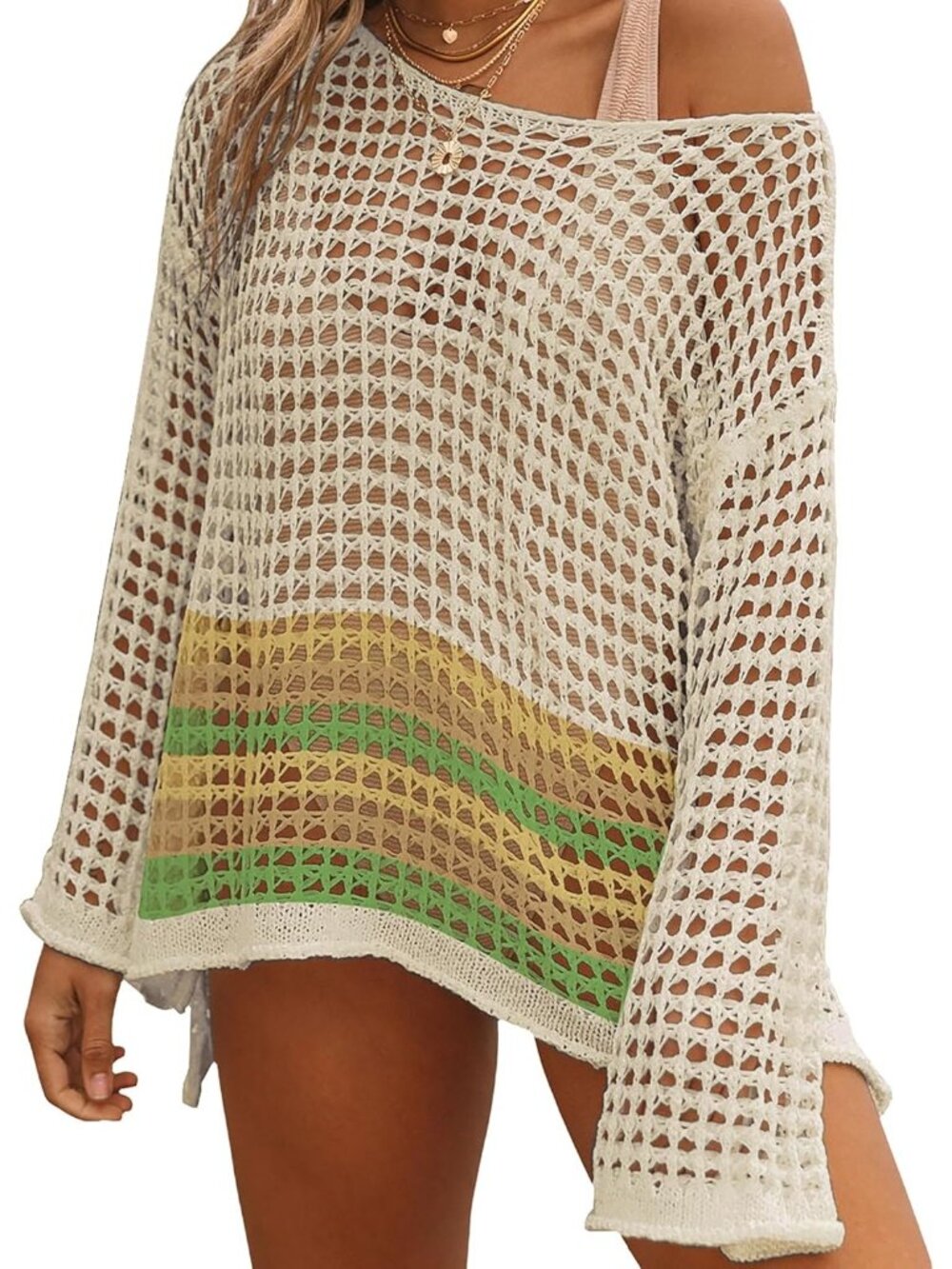 Women's Multicolor 1 Hollow Out Knit Crochet Imported Polyester Swim Cover Up